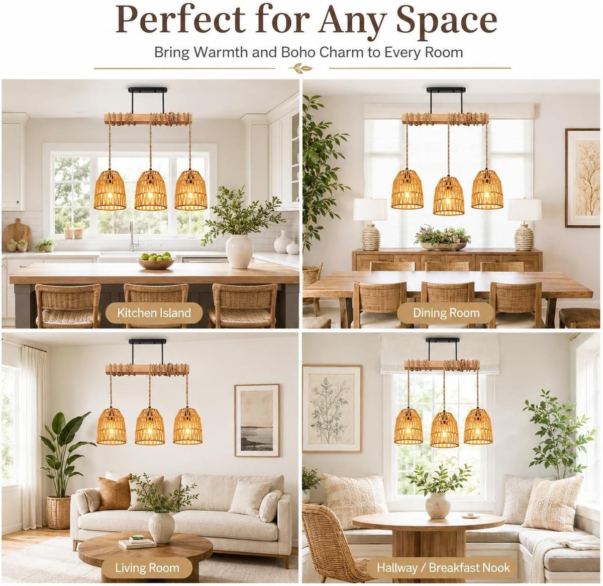 Rattan Pendant Light Chandelier Boho Brown E27 Adjustable 140cm Kitchen Lamp