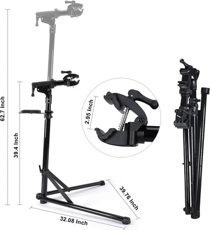 Bike Repair Stand Workstand Foldable Aluminium 360° Clamp Tool Tray 27kg Black