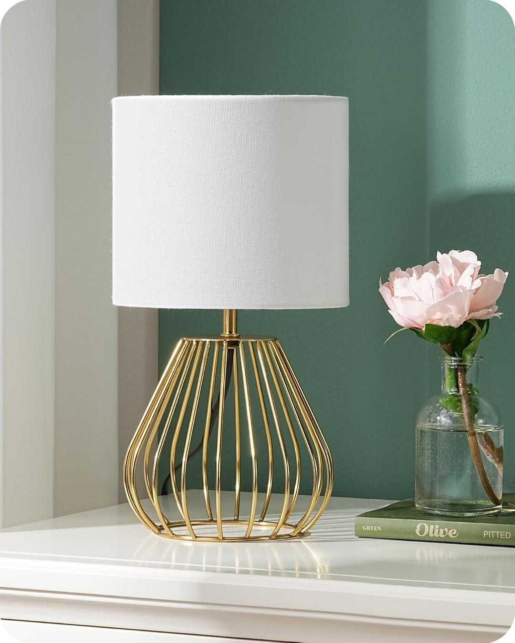 EDISHINE Bedside Lamp Table Lamp with Metal Cage Base & Linen Lampshade Gold
