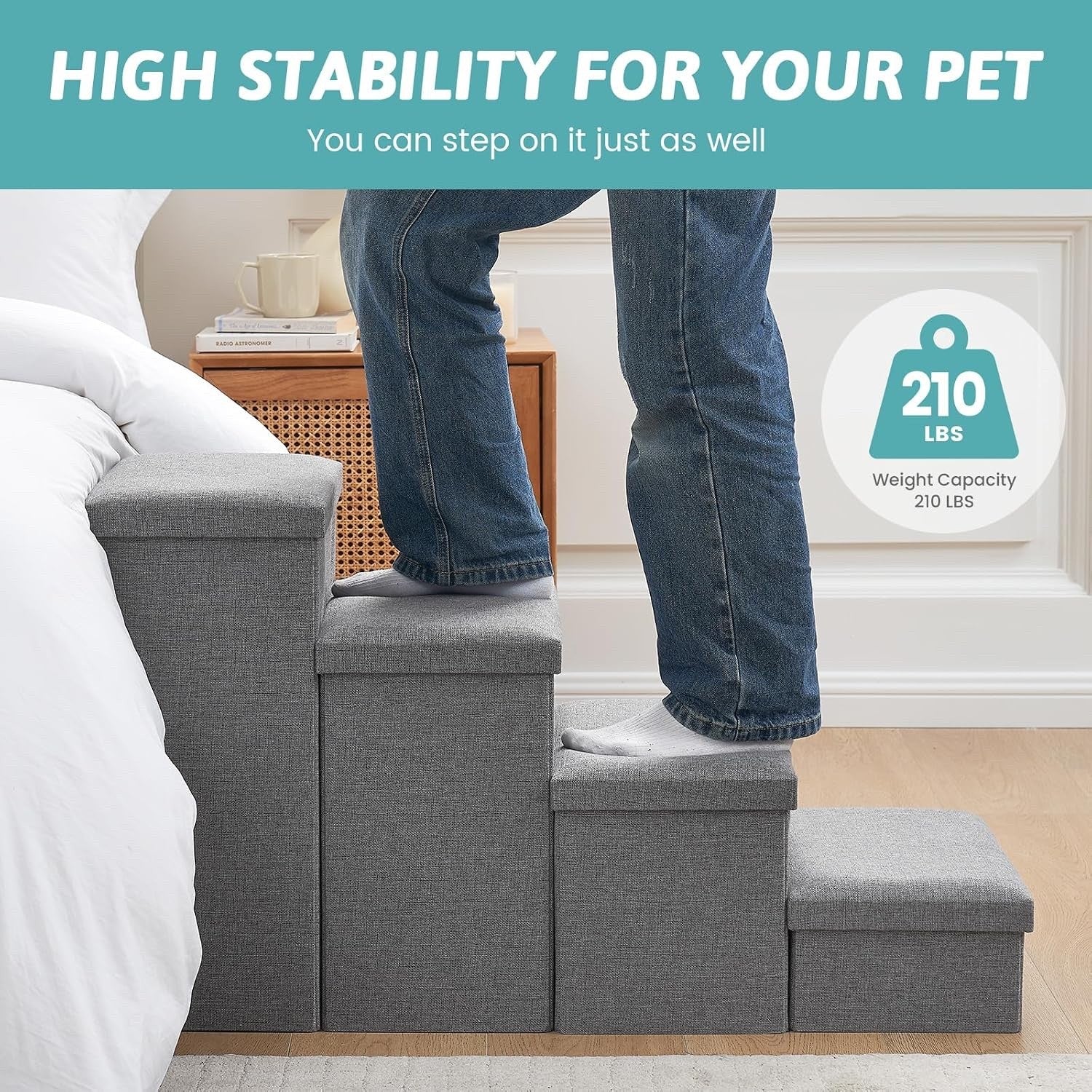 Dog Stairs Pet Steps Foldable Storage Ramp Grey Leakproof Sofa 4 Step 38.1x17x22