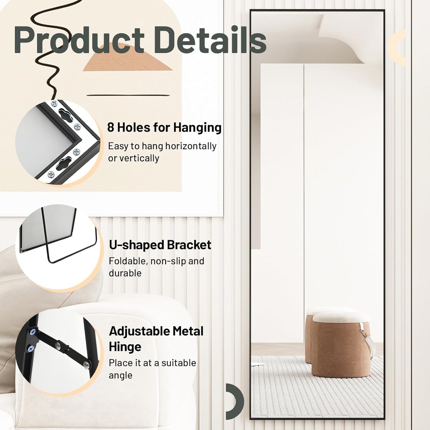Full Length Floor Mirror 150x50cm Freestanding Leaning Hanging Black Frame Alloy