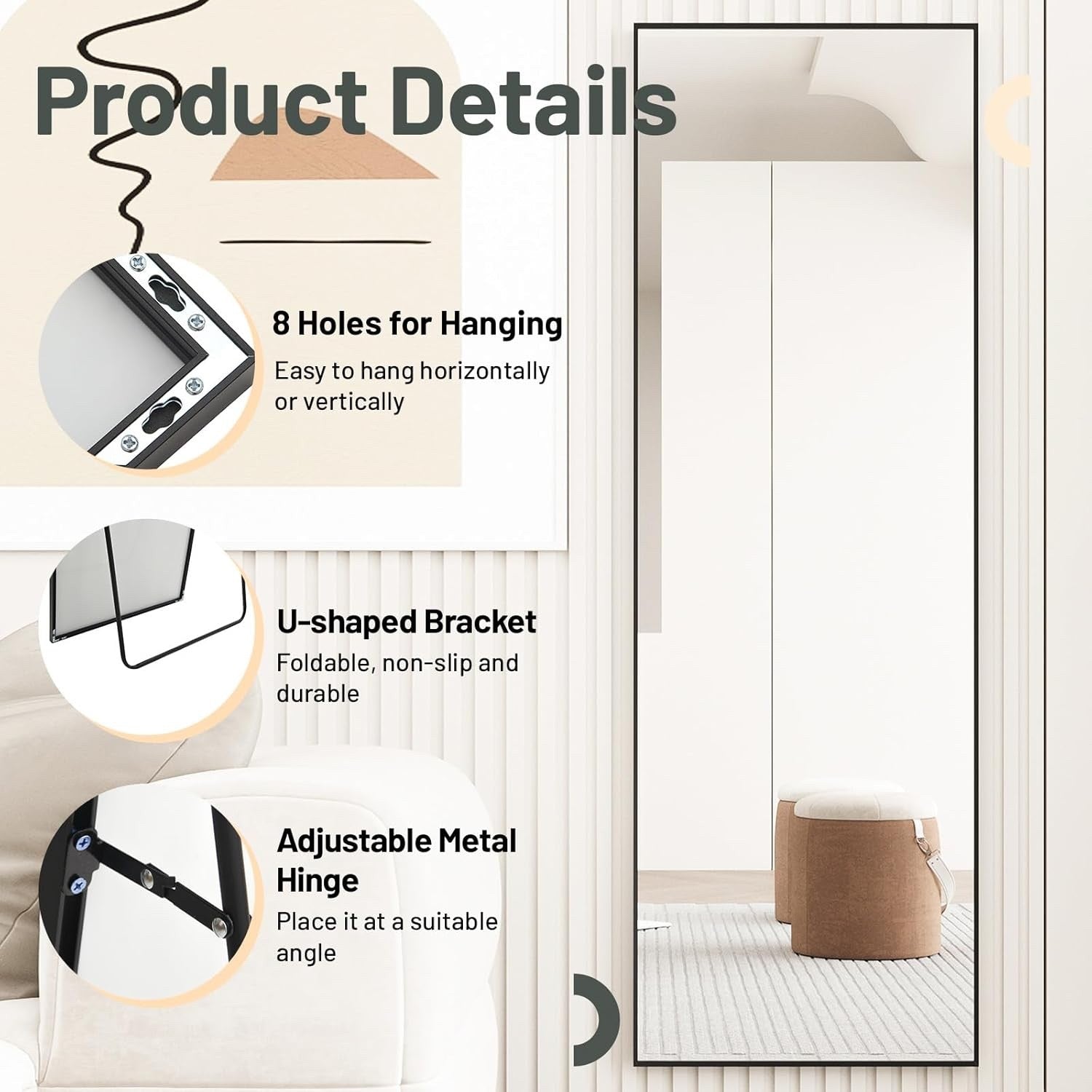 Full Length Floor Mirror 150x50cm Freestanding Leaning Hanging Black Frame Alloy
