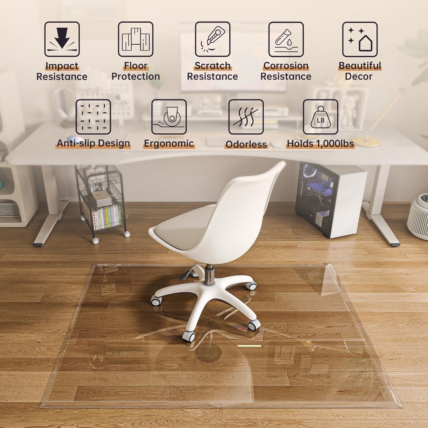 91x91cm Tempered Glass Chair Mat Clear Beveled Edge Carpet Hardwood Floor
