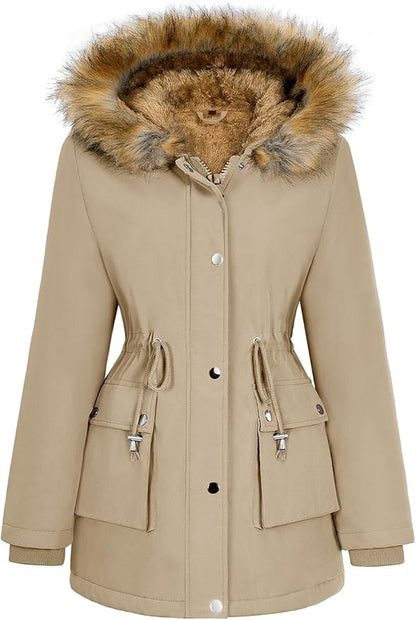 Womens Parka Jacket Coat Winter Waterproof Fleece Lined Hooded Khaki XL