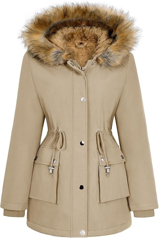 Womens Parka Jacket Coat Winter Waterproof Fleece Lined Hooded Khaki XL