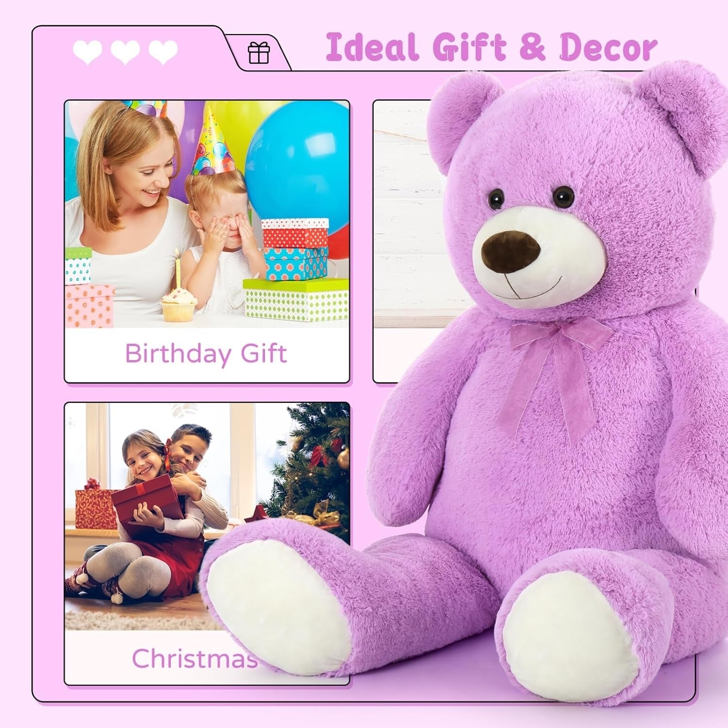 Giant Teddy Bear 130cm Large Soft Plush Purple Cute Gift Kids Birthday