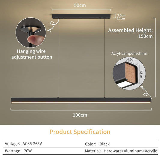 LED Linear Pendant Light 100cm Dimmable Remote Adjustable Height Kitchen Bar