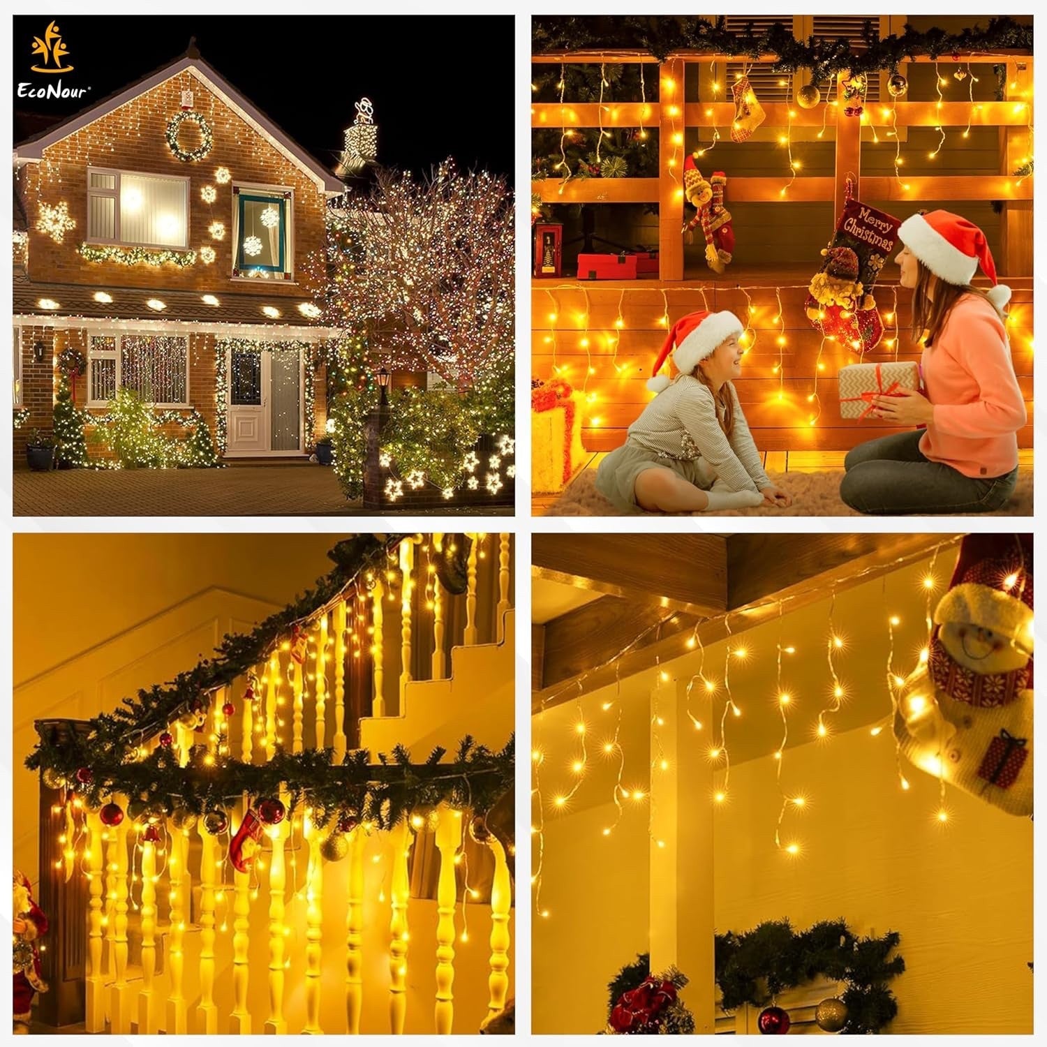 EcoNour 10M 360 LED Icicle Christmas Lights Outdoor Warm White Waterproof Decor