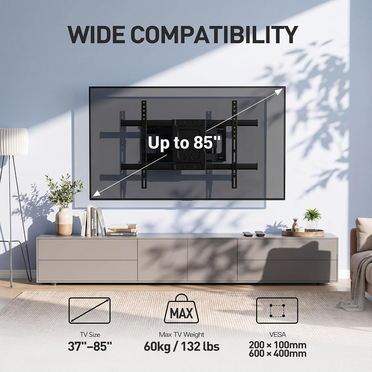 TV Wall Mount Bracket Full Motion 37-85in Swivel Tilt VESA 600x400 60kg Black