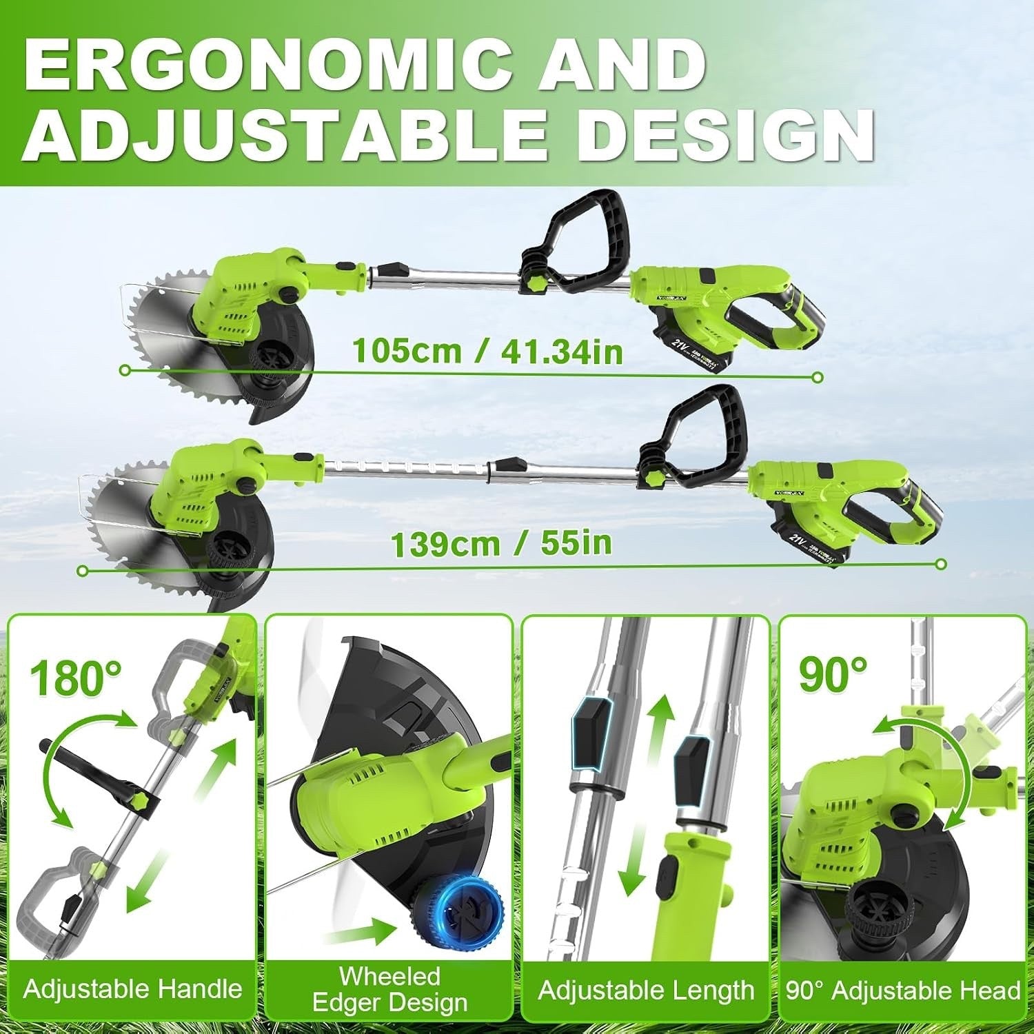 Cordless Grass Trimmer Strimmer Brush Cutter 21V 2 Batteries 4-in-1 Lawn Mower