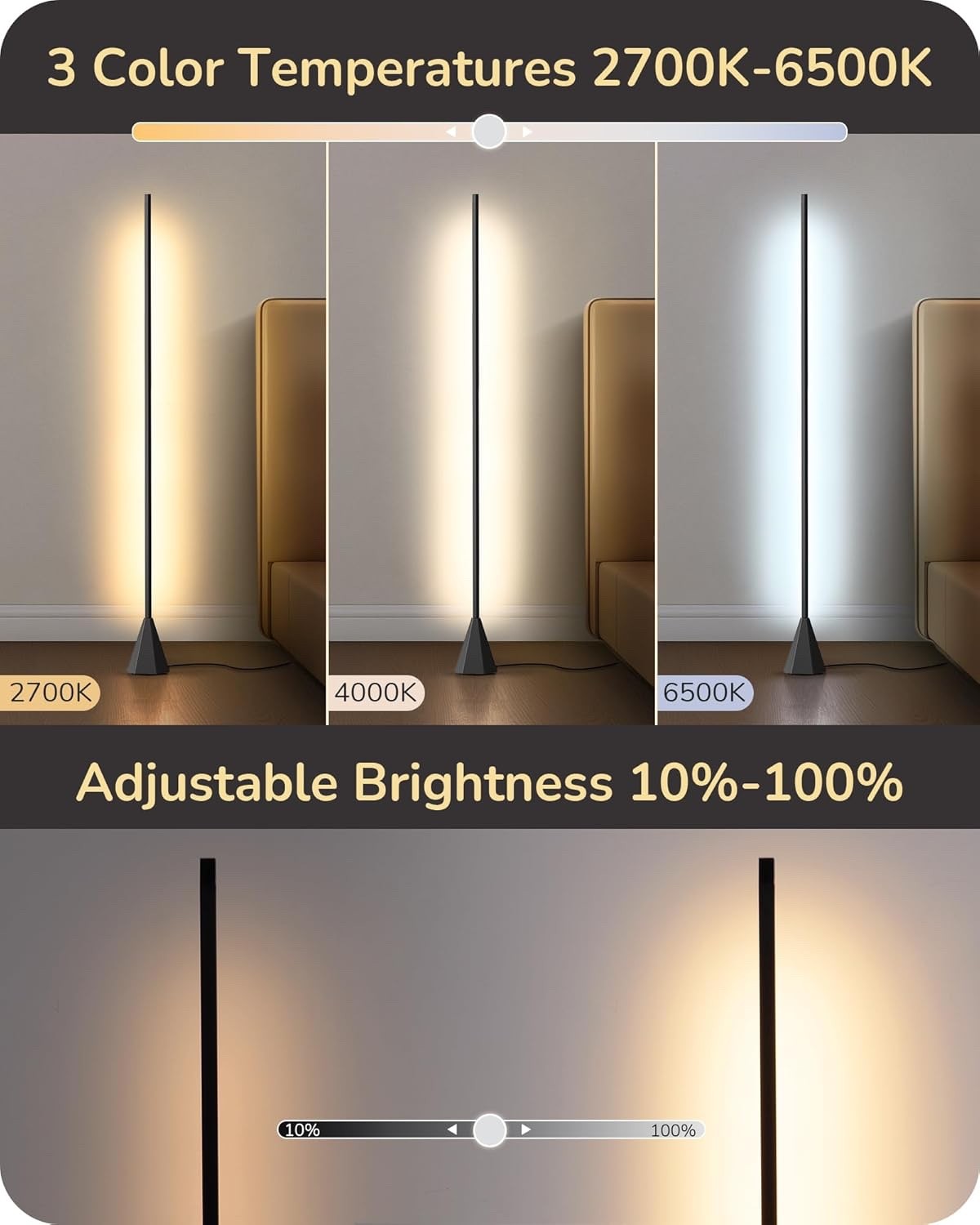 LED Floor Lamp Dimmable 2700K-6500K Remote Control Corner Standing Light