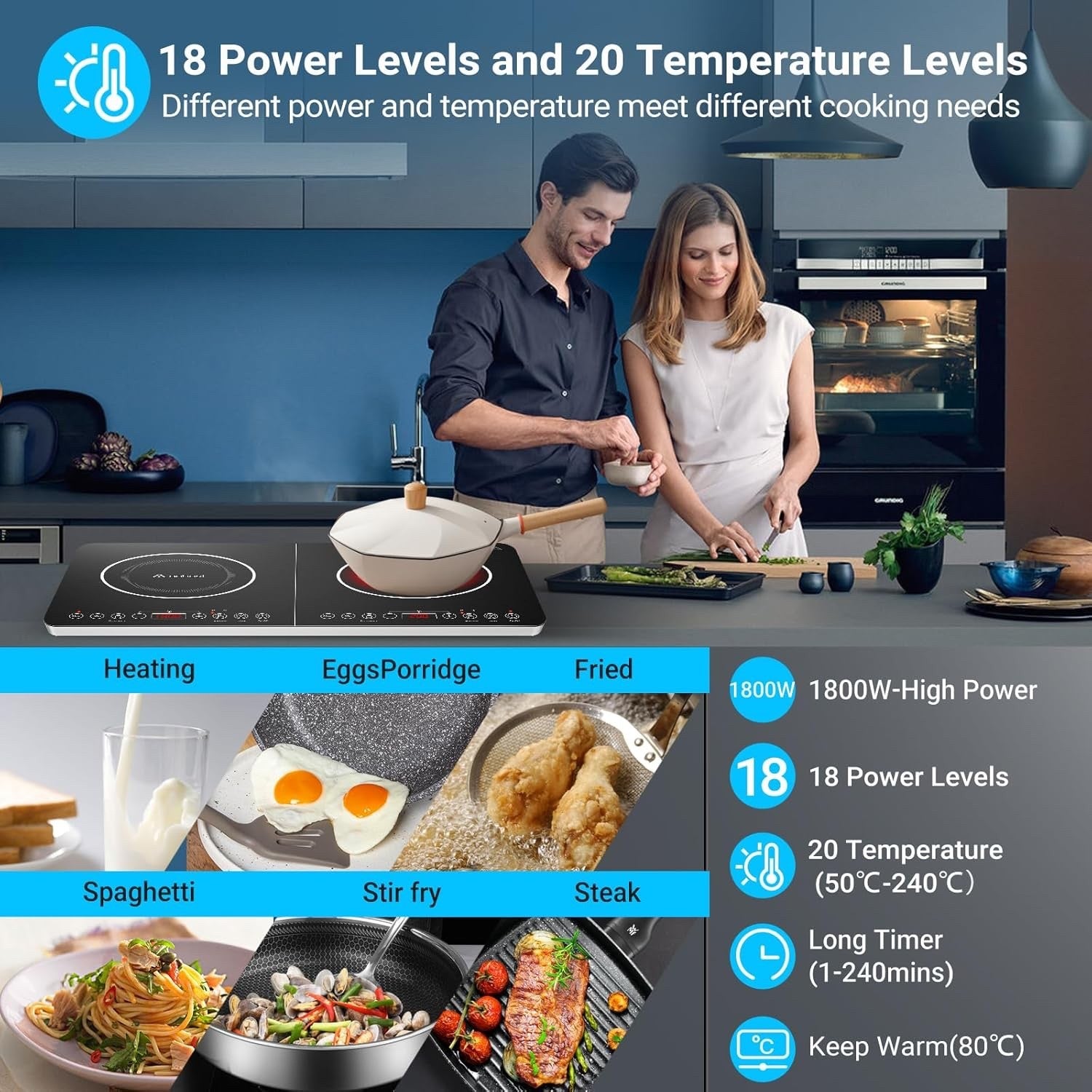 AOBOSI Double Induction Hob 2800W Portable 2 Ring Cooker Touch Control Timer