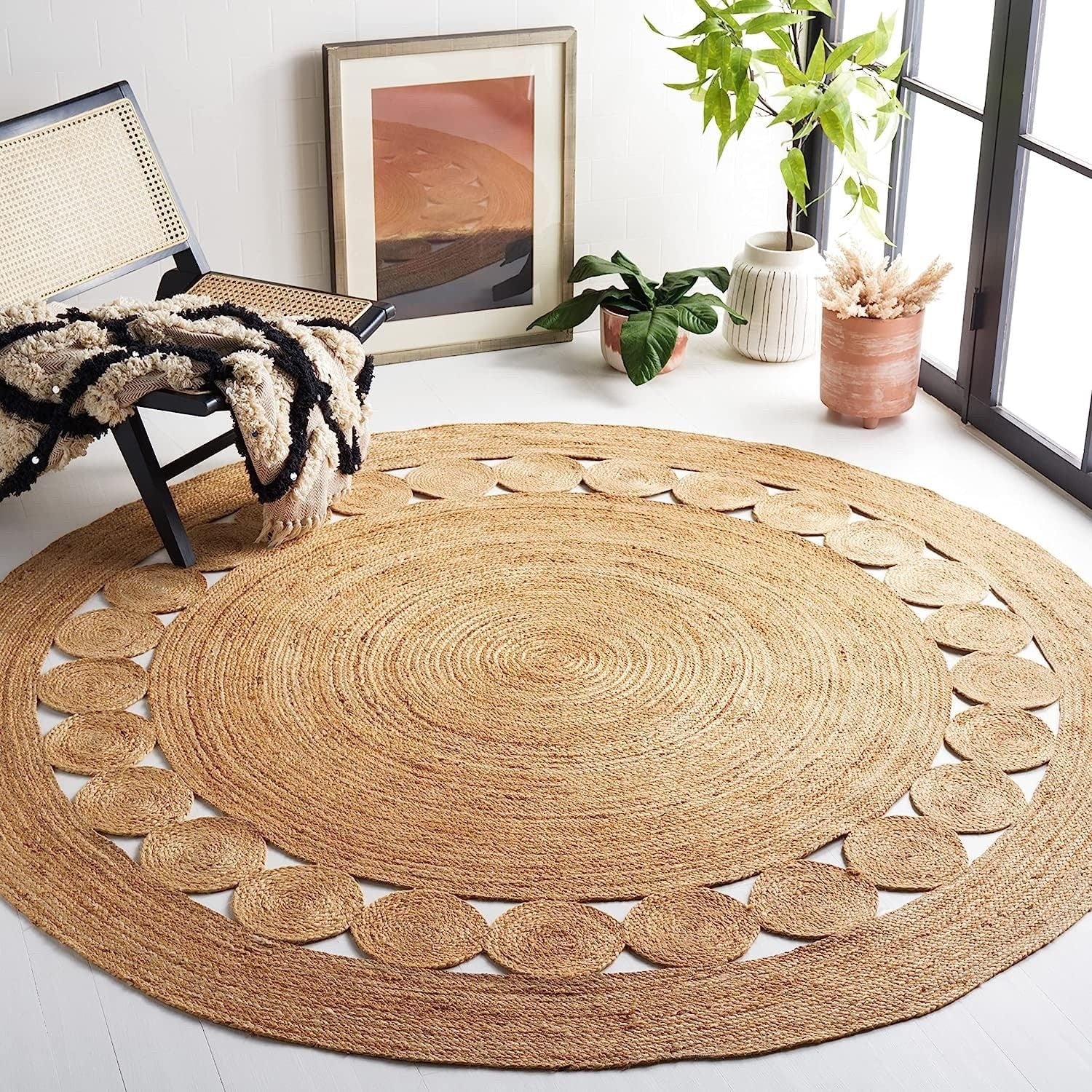 GlammTexa 90×90cm Hand Woven Round Jute Rug Braided Natural Boho Home Decor