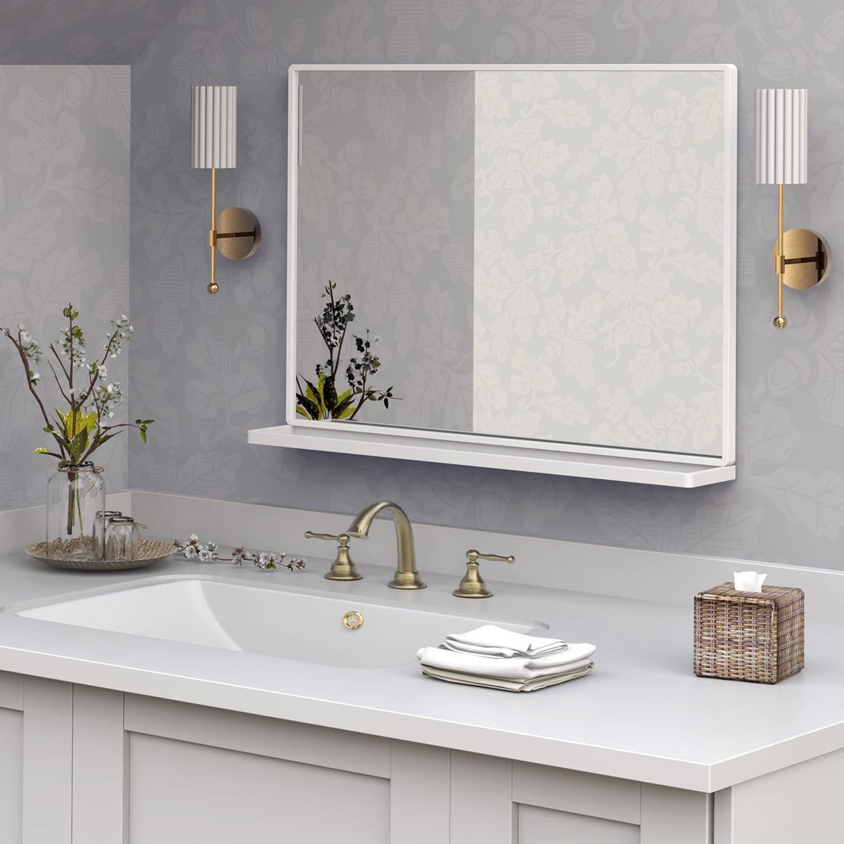 Bathroom Mirror Wall Shelf Rectangular 80.7x62cm White Metal Frame Modern Decor