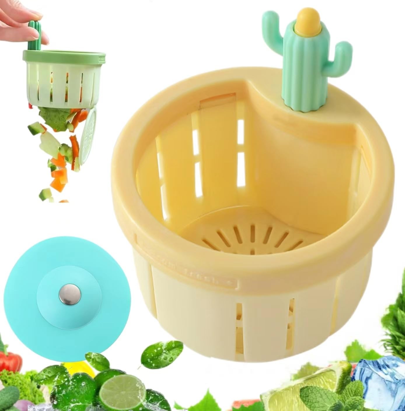 Cactus Kitchen Sink Drain Strainer Press Automatic Dumping Basket Lime Green