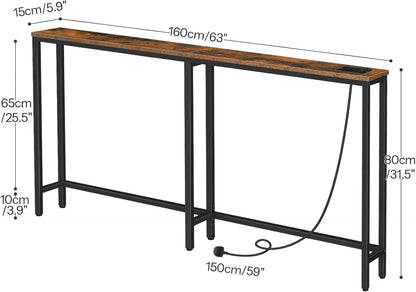 Console Table Charging Station 160cm Slim USB Type-C Sofa Hallway Rustic Brown