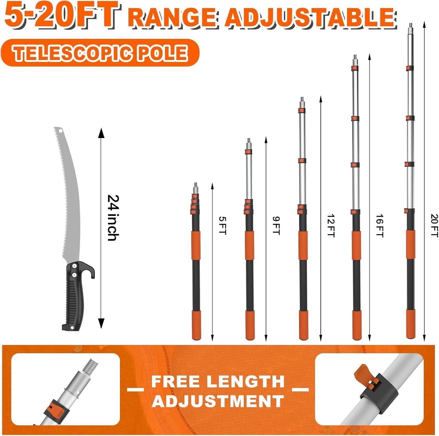 Pole Saw Tree Pruner 20ft Telescopic 26ft Reach Carbon Steel Manual Garden Tool