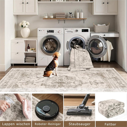 Vintage Beige Rug Washable Non Slip 300x400cm Living Room Bedroom Carpet Mat