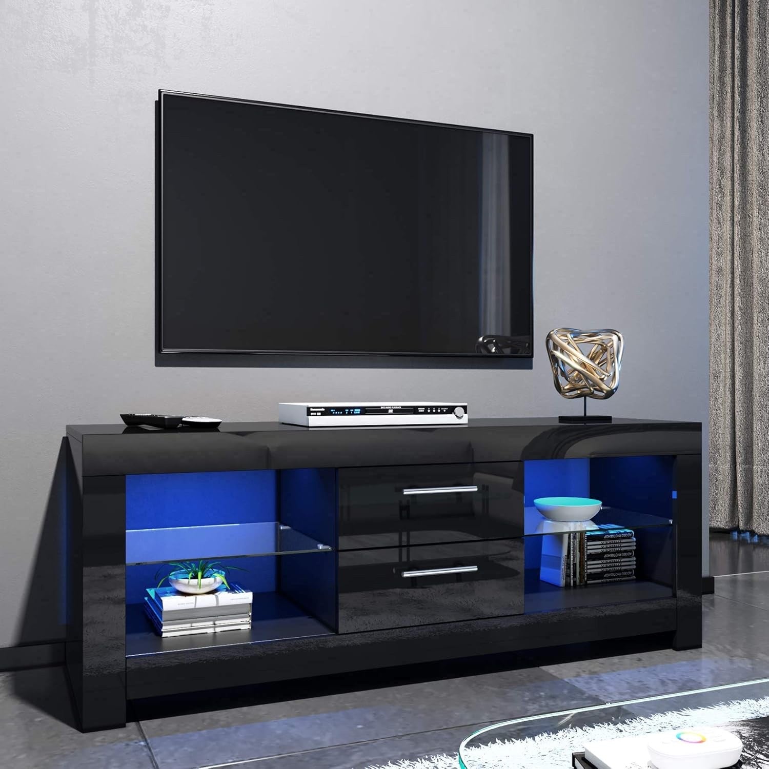 1200mm LED TV Stand Black Gloss Cabinet Unit for 32-50 Inch TV Storage