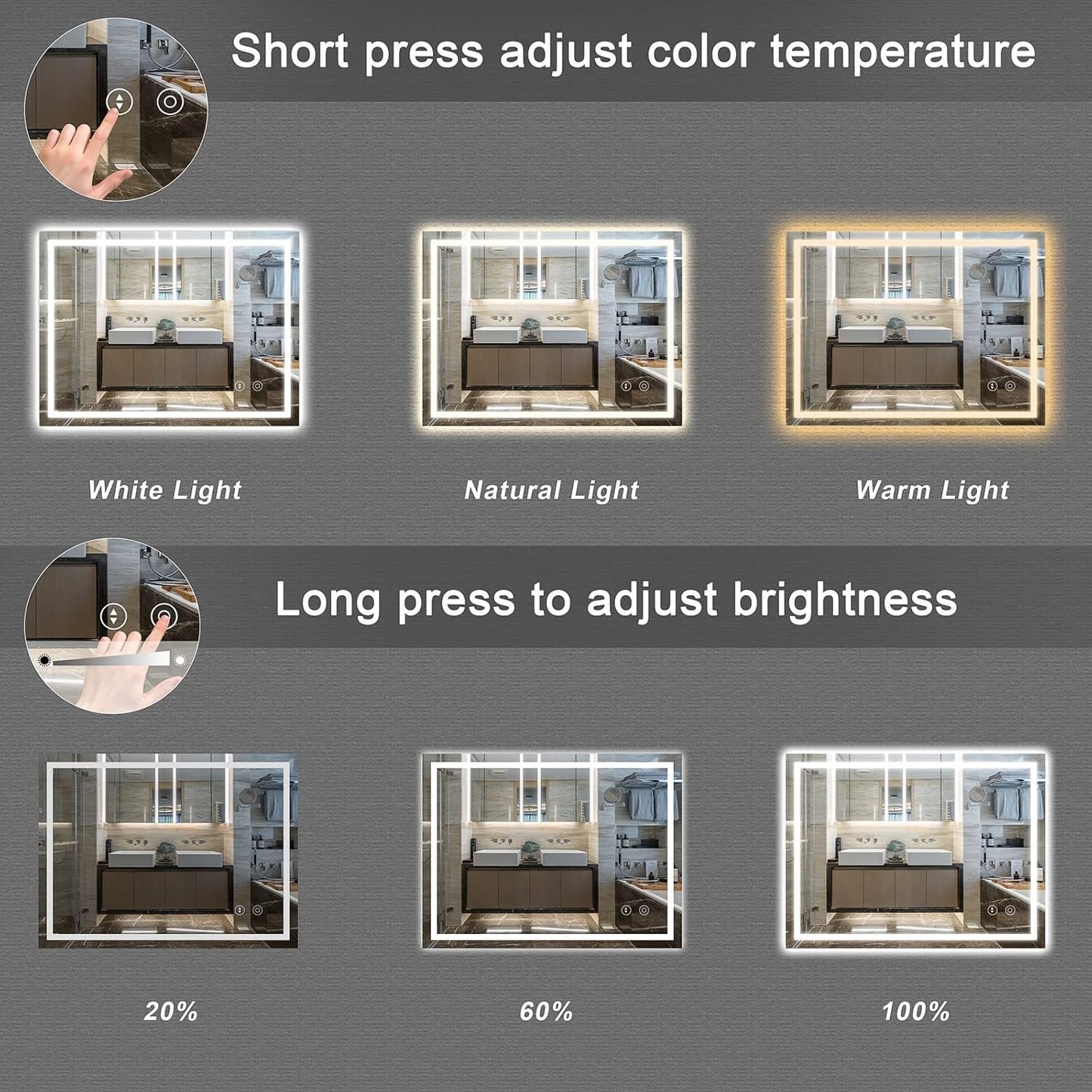 LED Bathroom Mirror 500x700mm Backlit Dimmable 3 Colour Demister Wall Mount