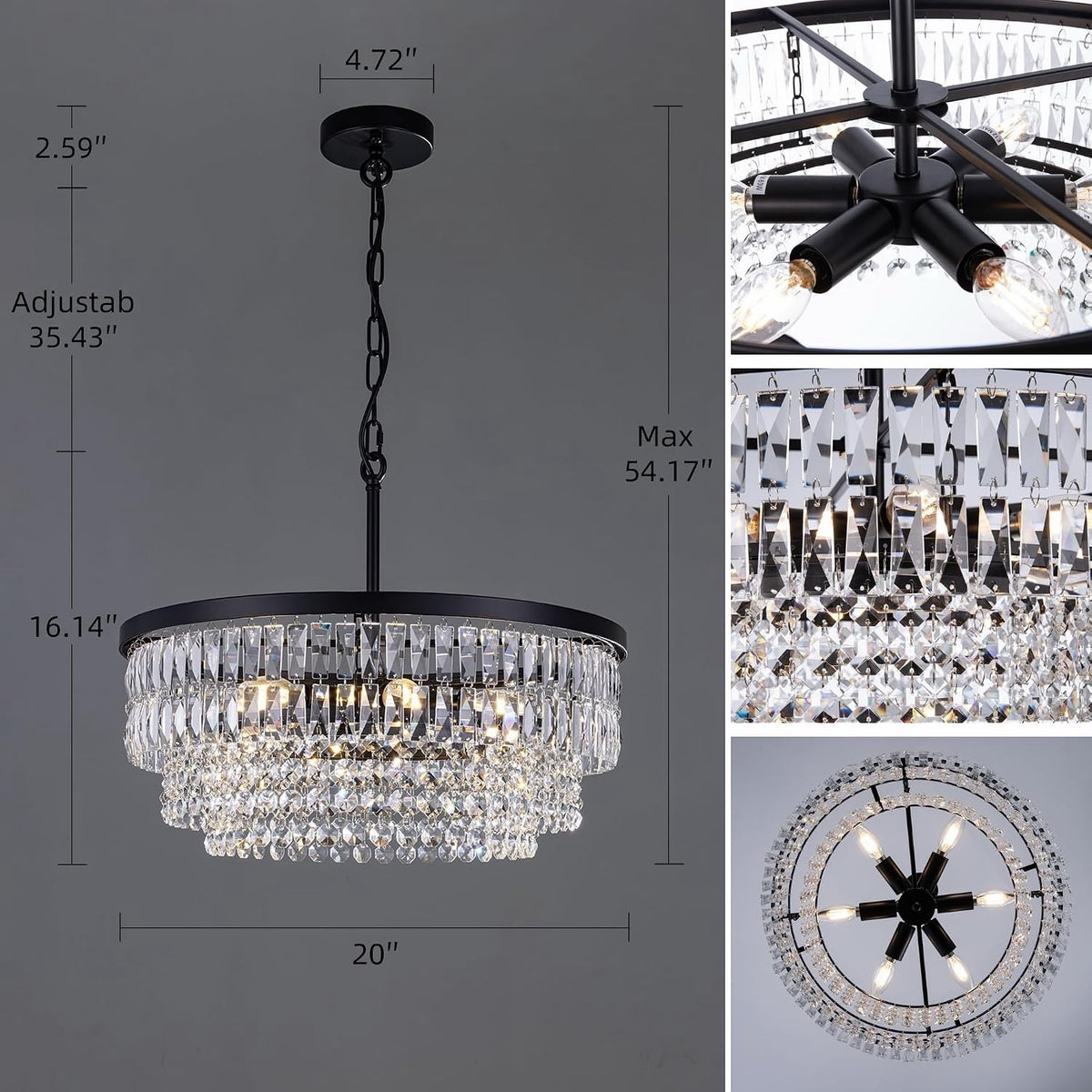 Crystal Chandelier Ceiling Light 6 Bulb Black 51cm Round Dining Room Pendant