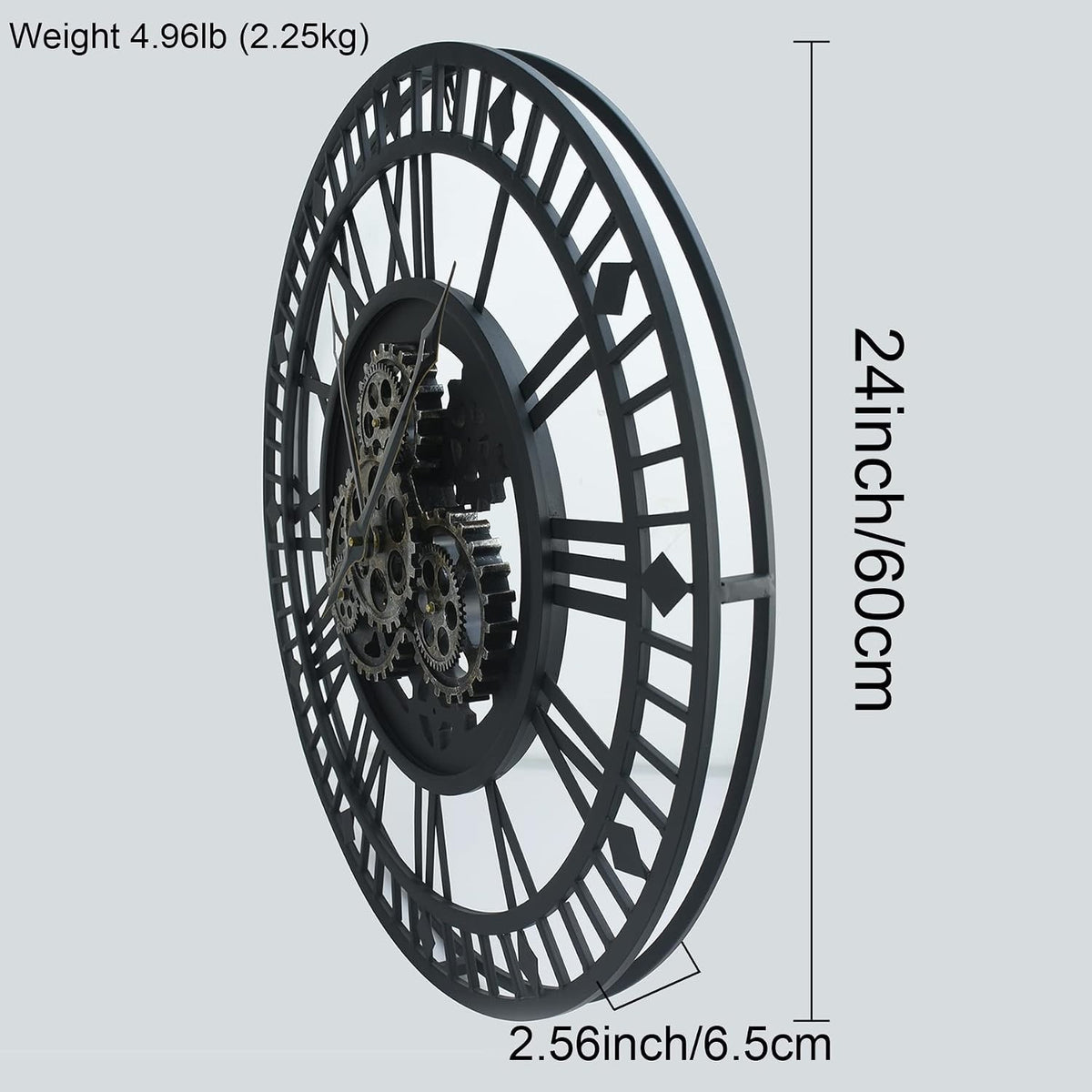 Large Wall Clock Moving Gears 60cm Black Metal Industrial Steampunk Vintage Deco