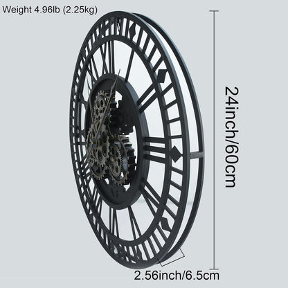 Large Wall Clock Moving Gears 60cm Black Metal Industrial Steampunk Vintage Deco