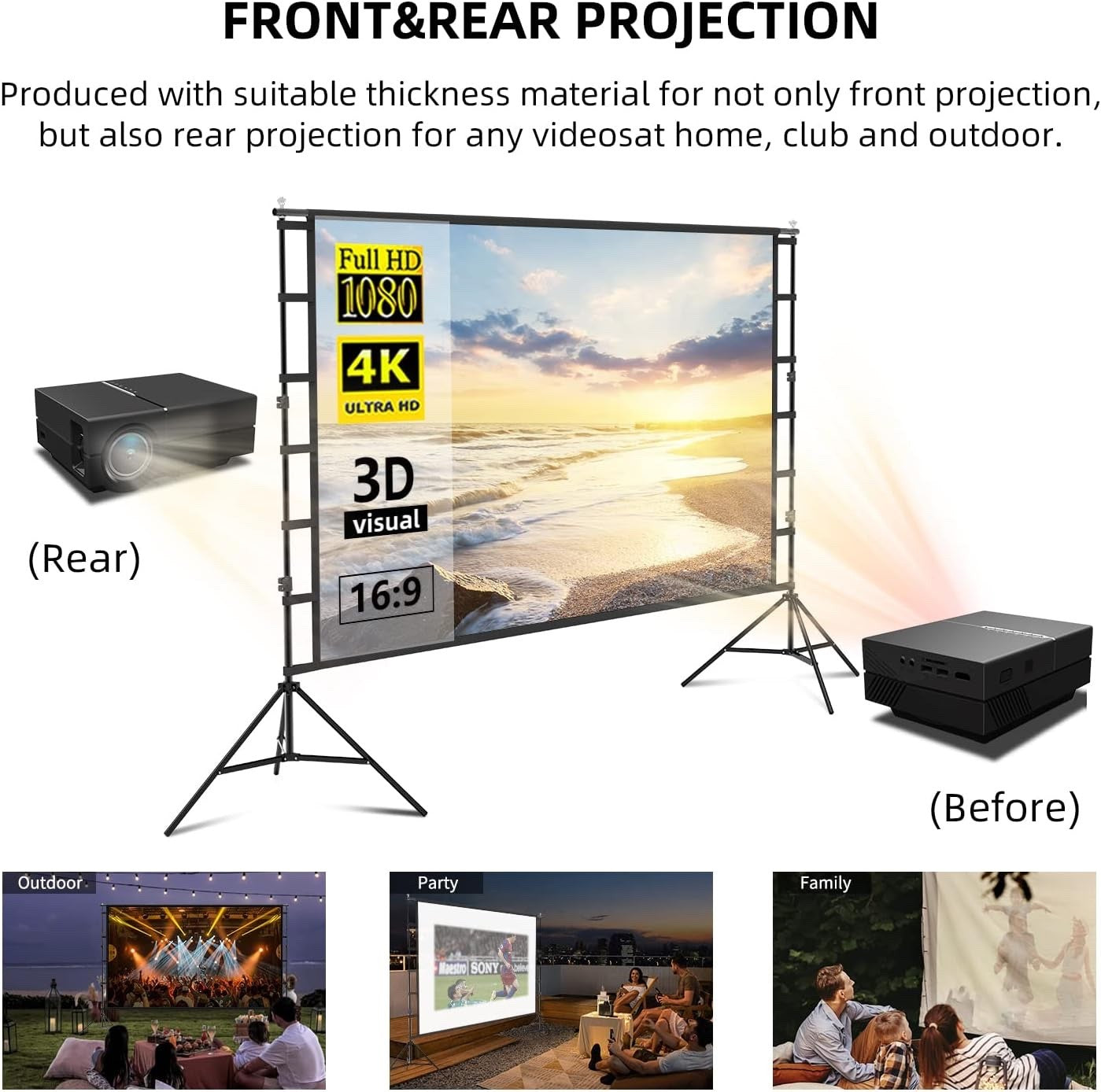 Projector Screen Stand 120 Inch 16:9 Portable 4K HD Tripod Outdoor Cinema Home T