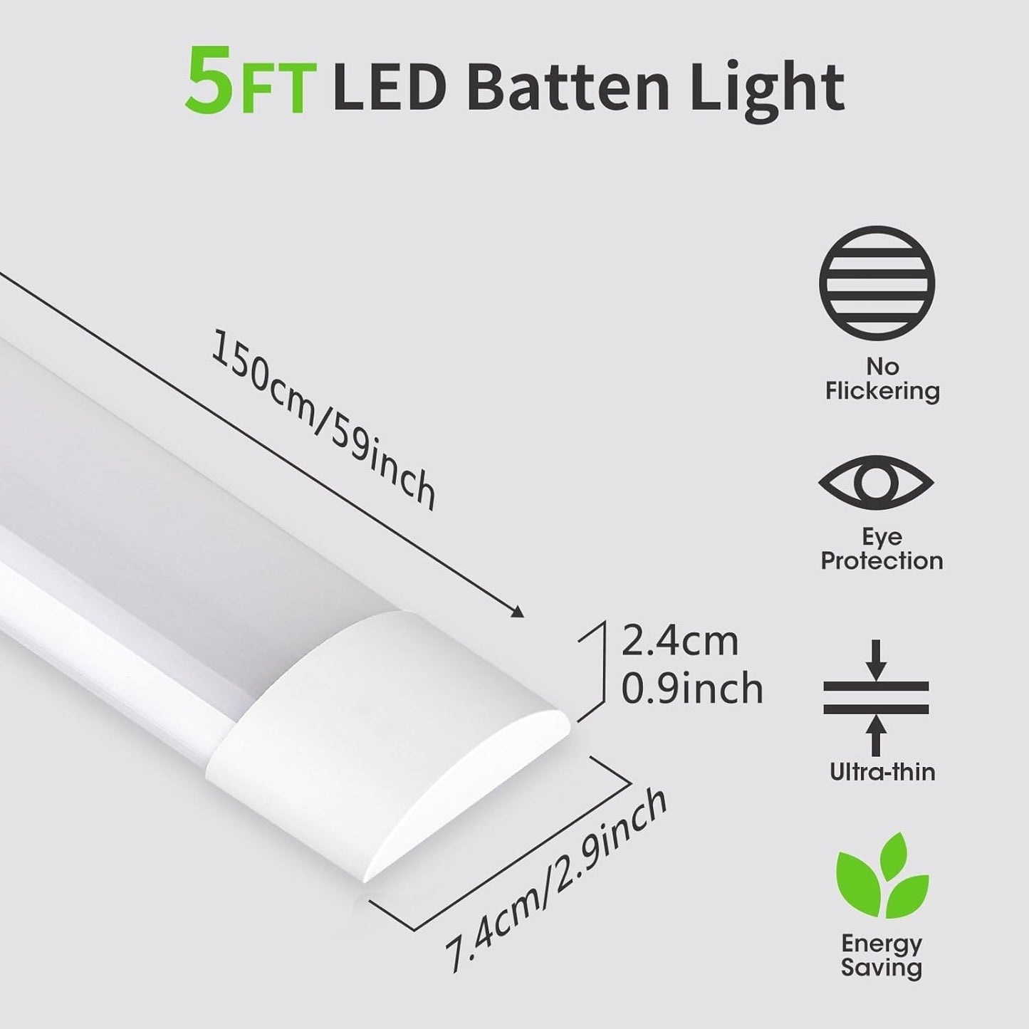 LED Batten Lights 5FT 2 Pack 50W 4500LM 4000K Ceiling Garage Workshop Strip