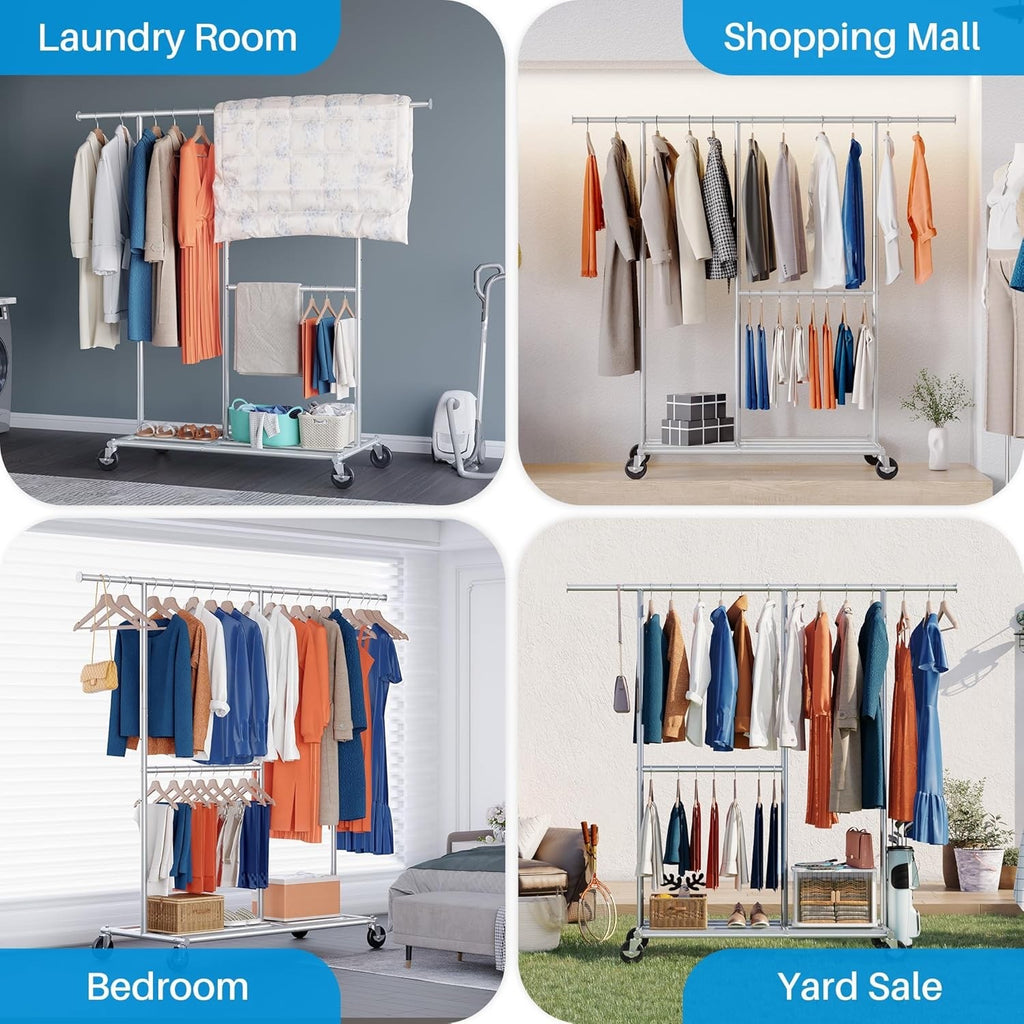 Heavy Duty Double Clothes Rail w/ Wheels 209kg Adjustable Mobile Rack