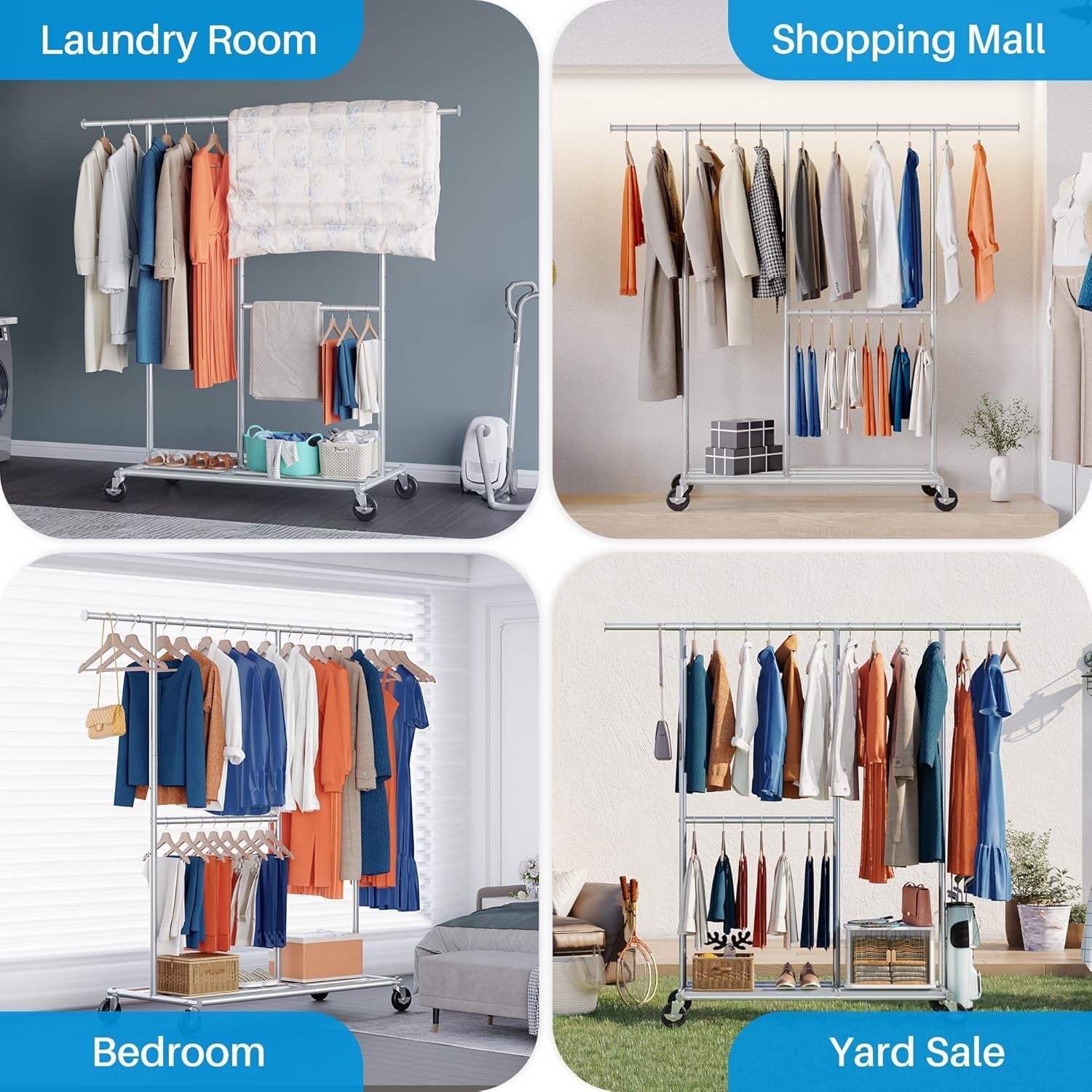 Heavy Duty Double Clothes Rail w/ Wheels 209kg Adjustable Mobile Rack