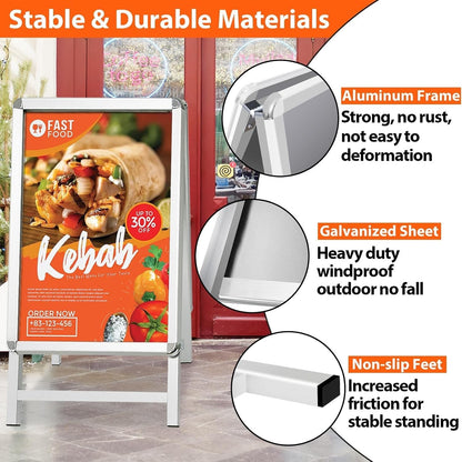 A2 Pavement Sign Board Double Sided A Frame Poster Display Silver Aluminium