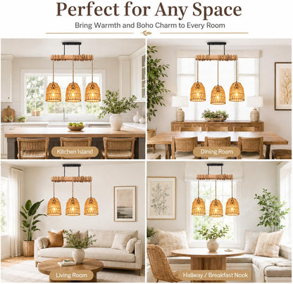 Rattan Pendant Light Fixture E27 Brown Adjustable Boho Kitchen Dining Room Lamp