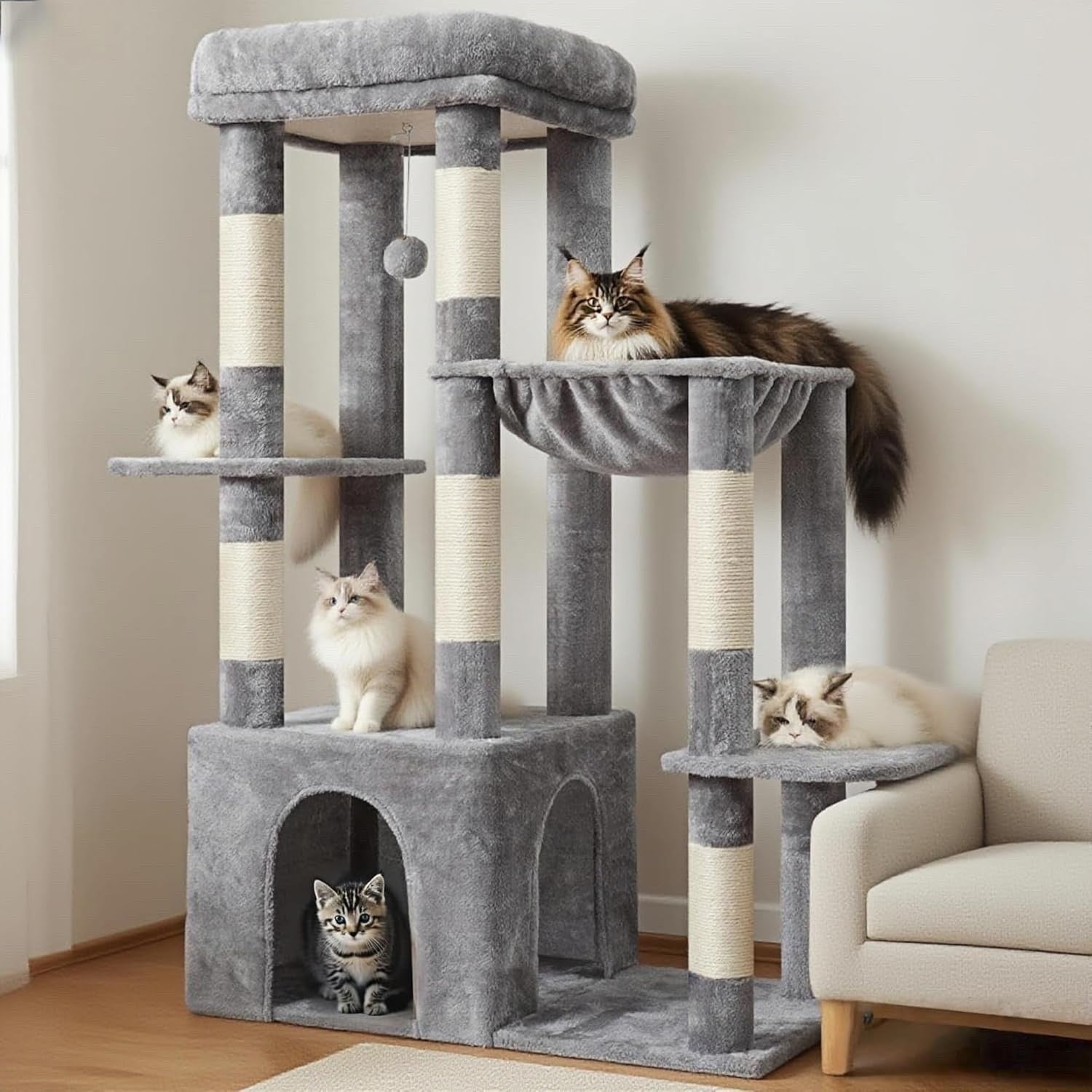 Cat Tree Tower Scratching Post Large Indoor Condo Hammock Toy Balls Light Grey