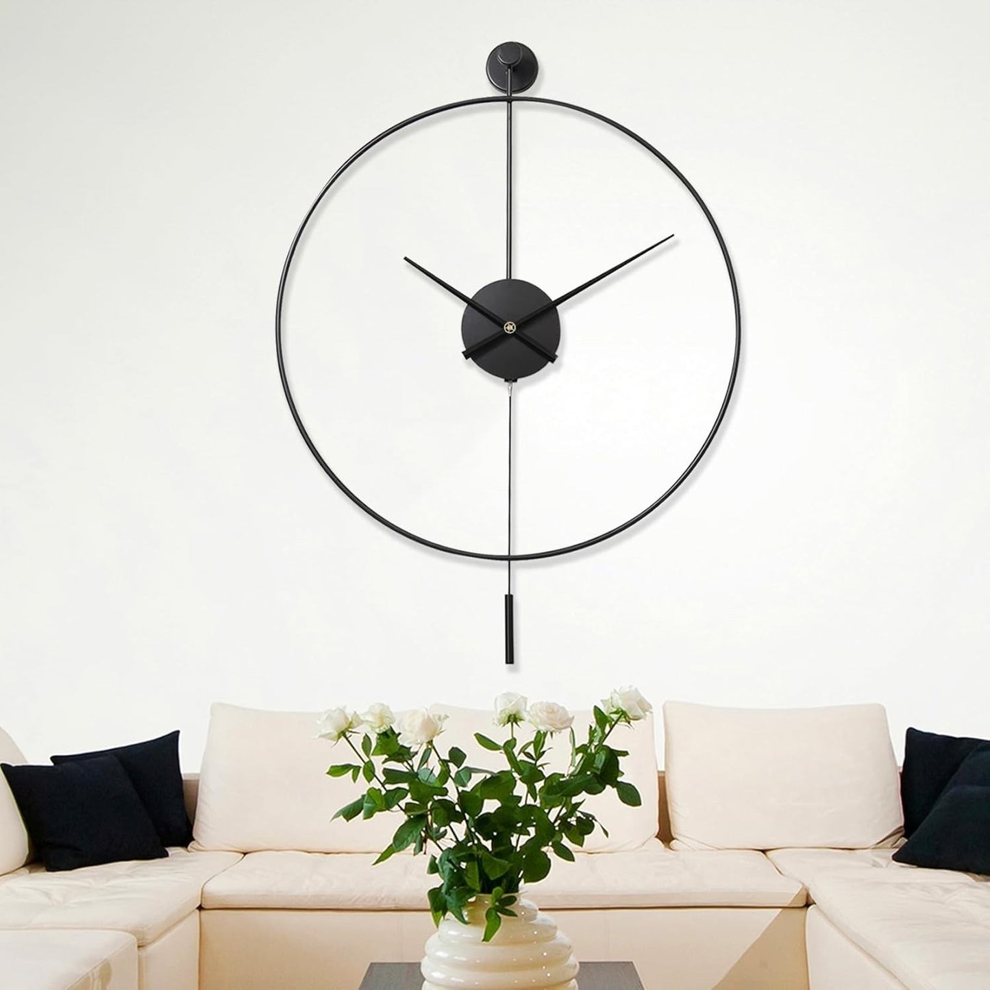 Large Decorative Wall Clock 60cm 24in Metal Silent Non Ticking Pendulum Black