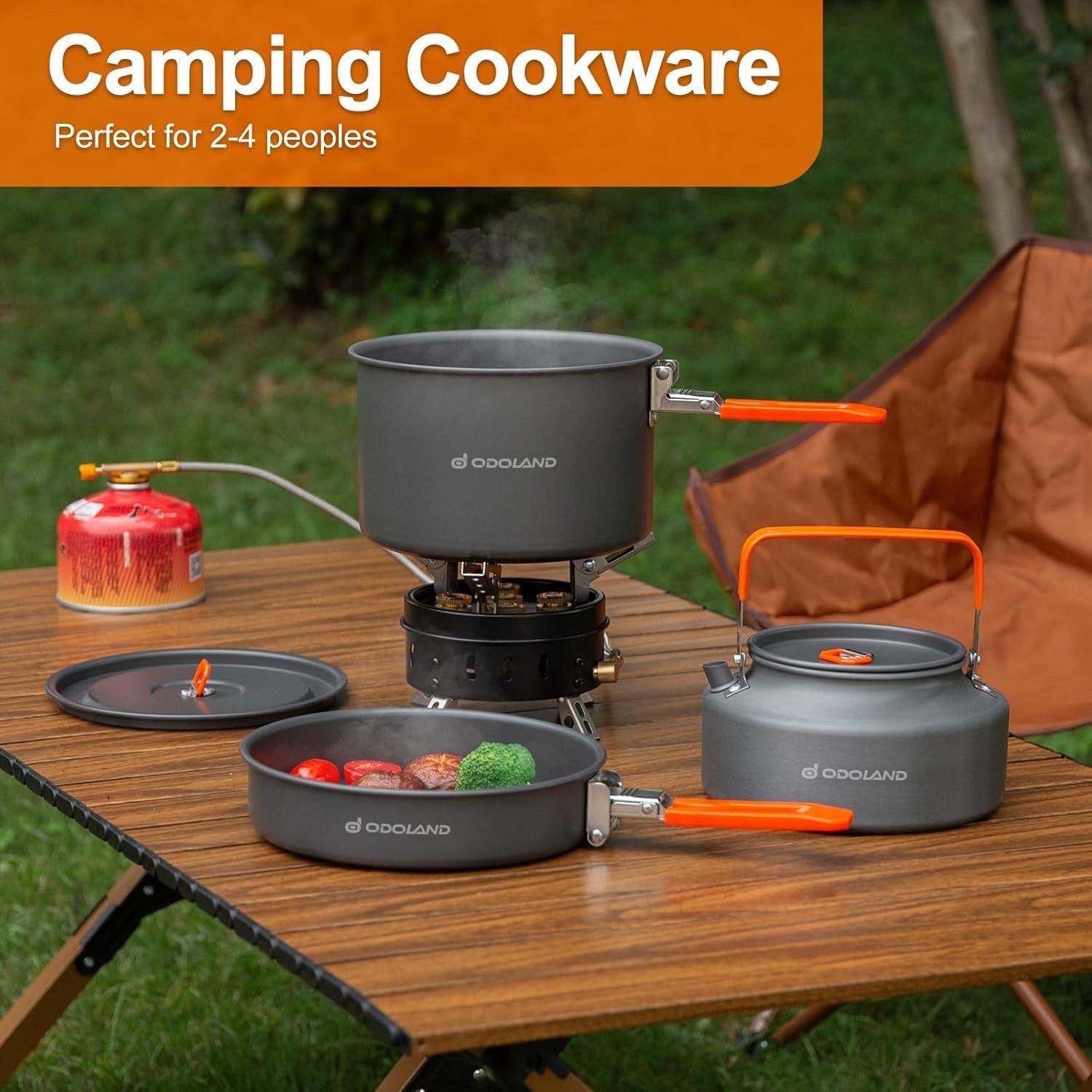 Odoland Camping Cookware Set Pot Pan Kettle with Mesh Bag for Outdoor Cooking