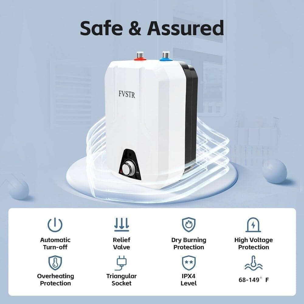 Electric Water Heater Boiler 8L Mini Tank 120V 1500W Under Sink Kitchen RV White