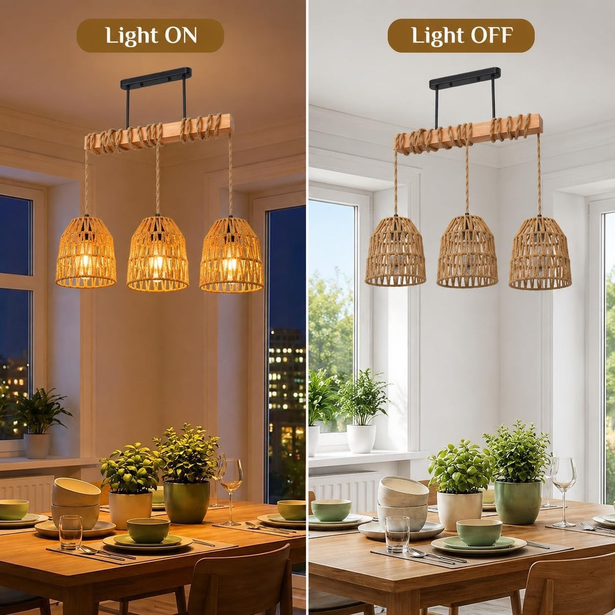 Rattan Pendant Light Chandelier Boho Brown E27 Adjustable 140cm Kitchen Lamp