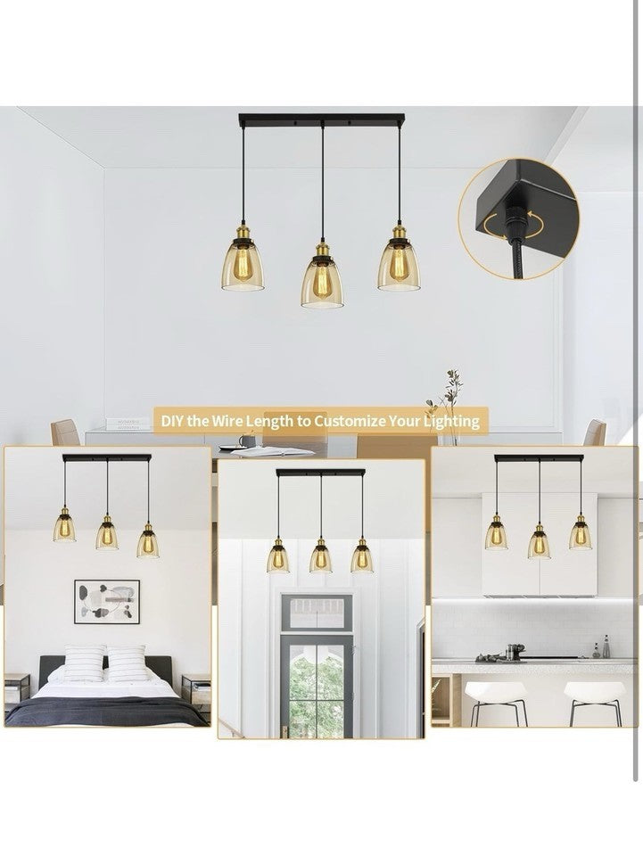 3 Light Cognac Glass Pendant Light Vintage Adjustable Ceiling Hanging Lamp