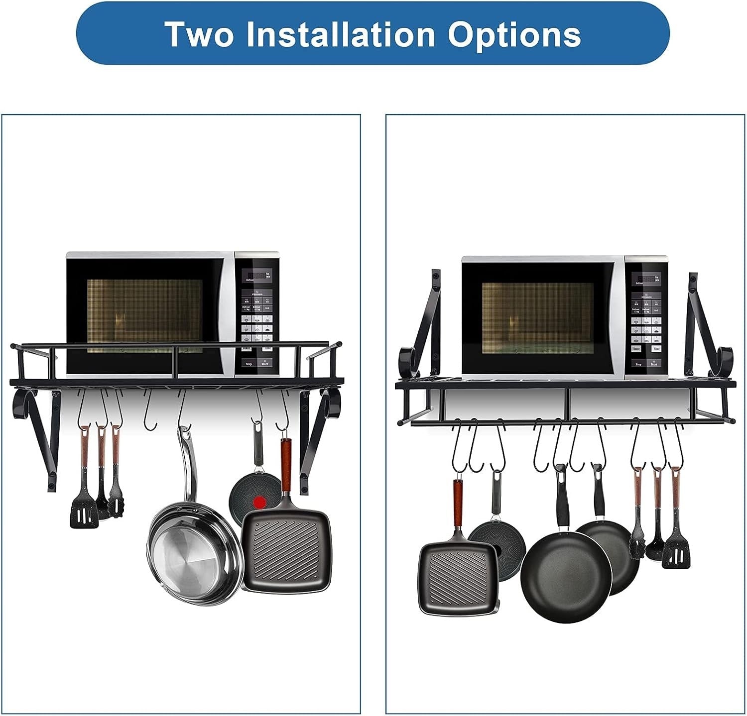 Metal Hanging Pan Pot Rack Wall Mounted With 10 Hook Holders Kitchen Storage