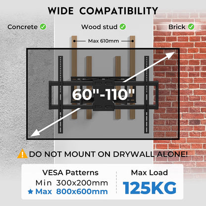 TV Wall Mount Bracket 60-110in 125kg VESA 800x600 Full Motion 1016mm Arm Black