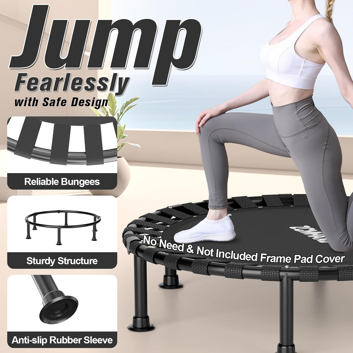 Mini Trampoline Rebounder Fitness 40 Inch Foldable Indoor Exercise Bungee Black