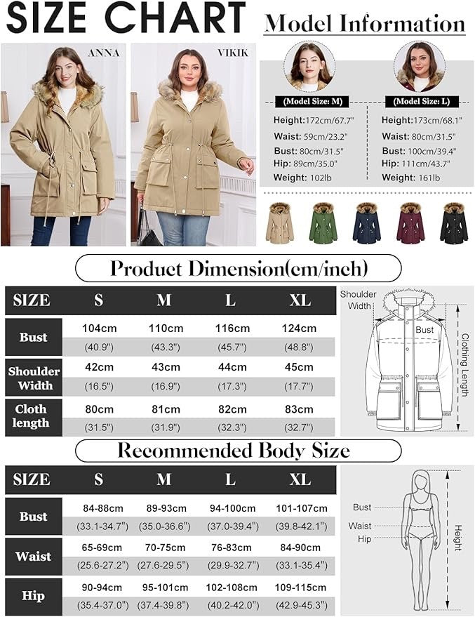 Womens Winter Parka Jacket Waterproof Fleece Lined Hooded Coat Khaki XL