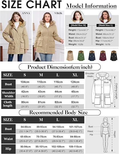 Womens Winter Parka Jacket Waterproof Fleece Lined Hooded Coat Khaki XL