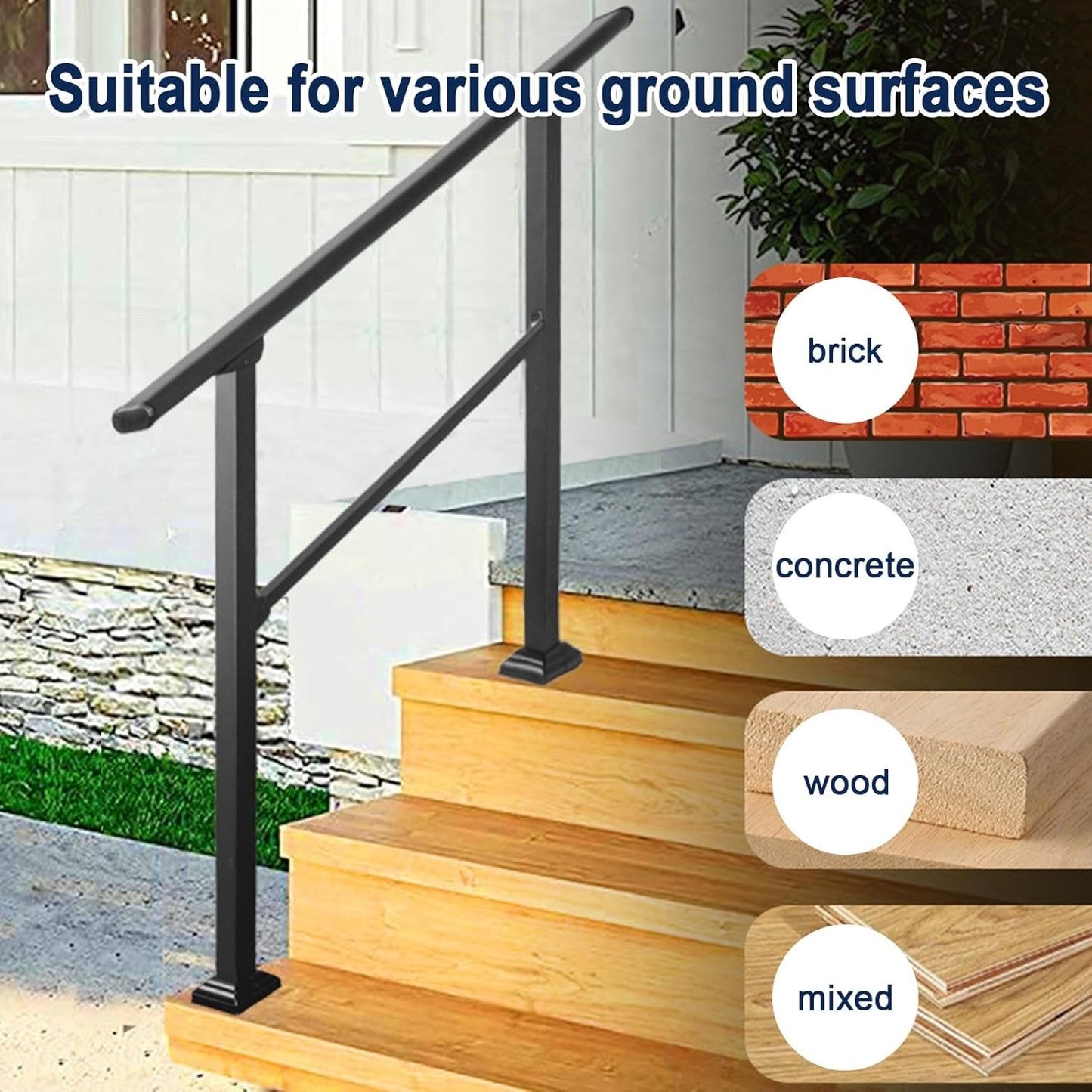 Stair Handrail Outdoor Aluminium 0-3 Step Railing Wall Mount Black