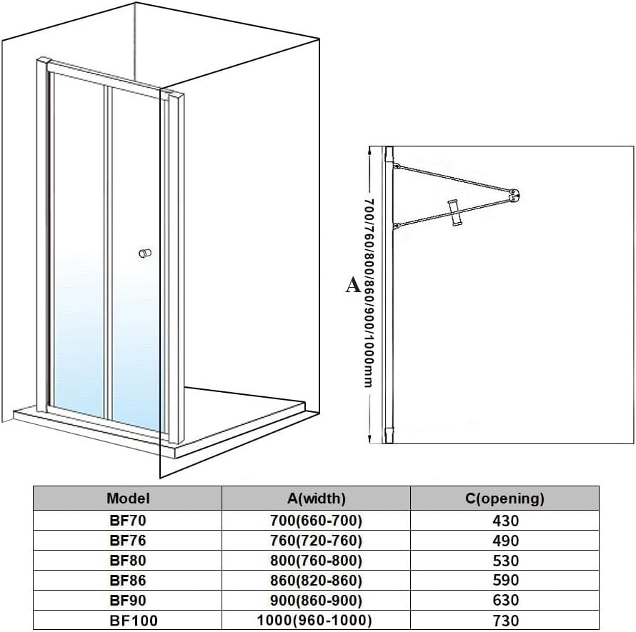 900mm Black Bi Fold Shower Door Inward Opening Space Saving Enclosure