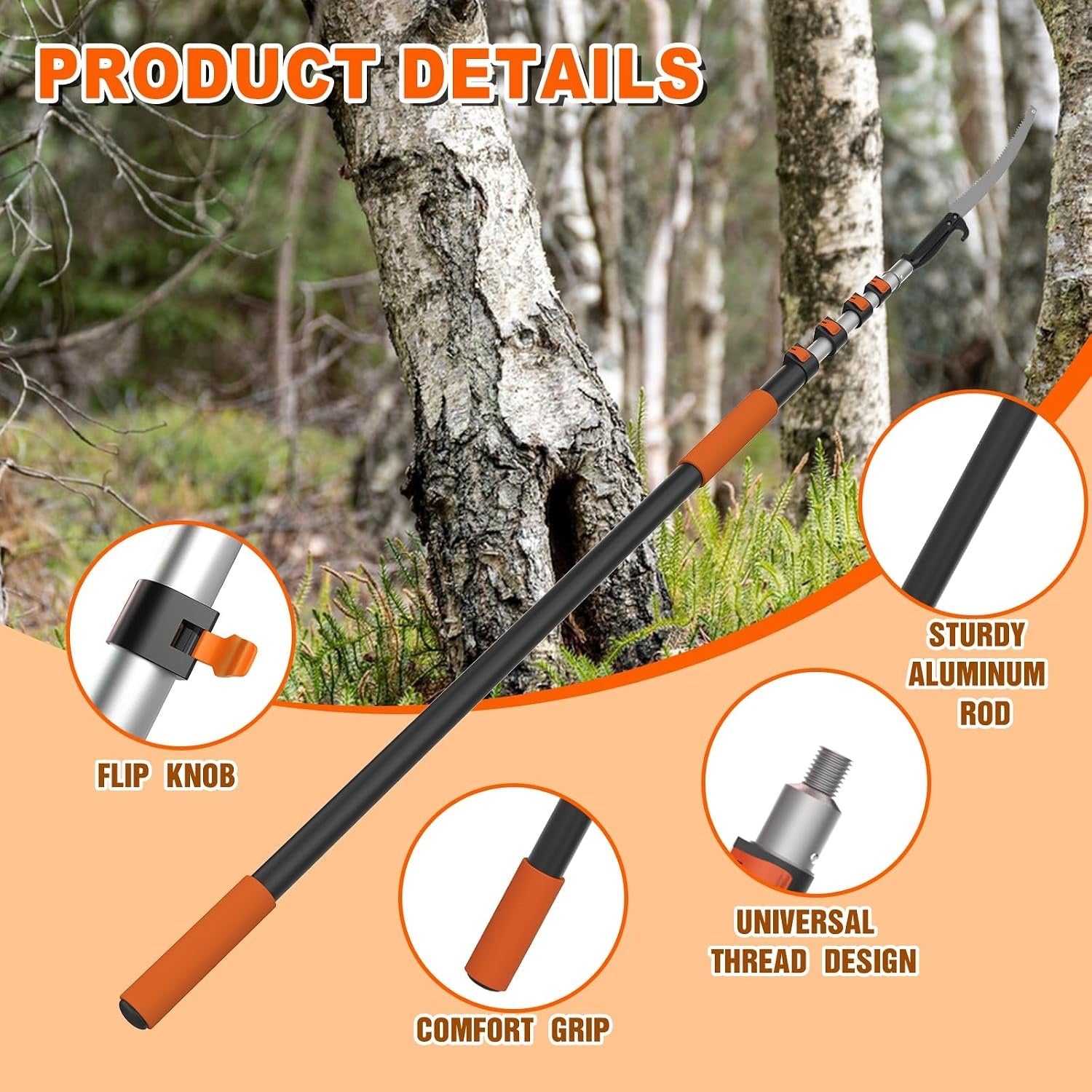 Pole Saw Tree Pruner 20ft Telescopic 26ft Reach Carbon Steel Manual Garden Tool