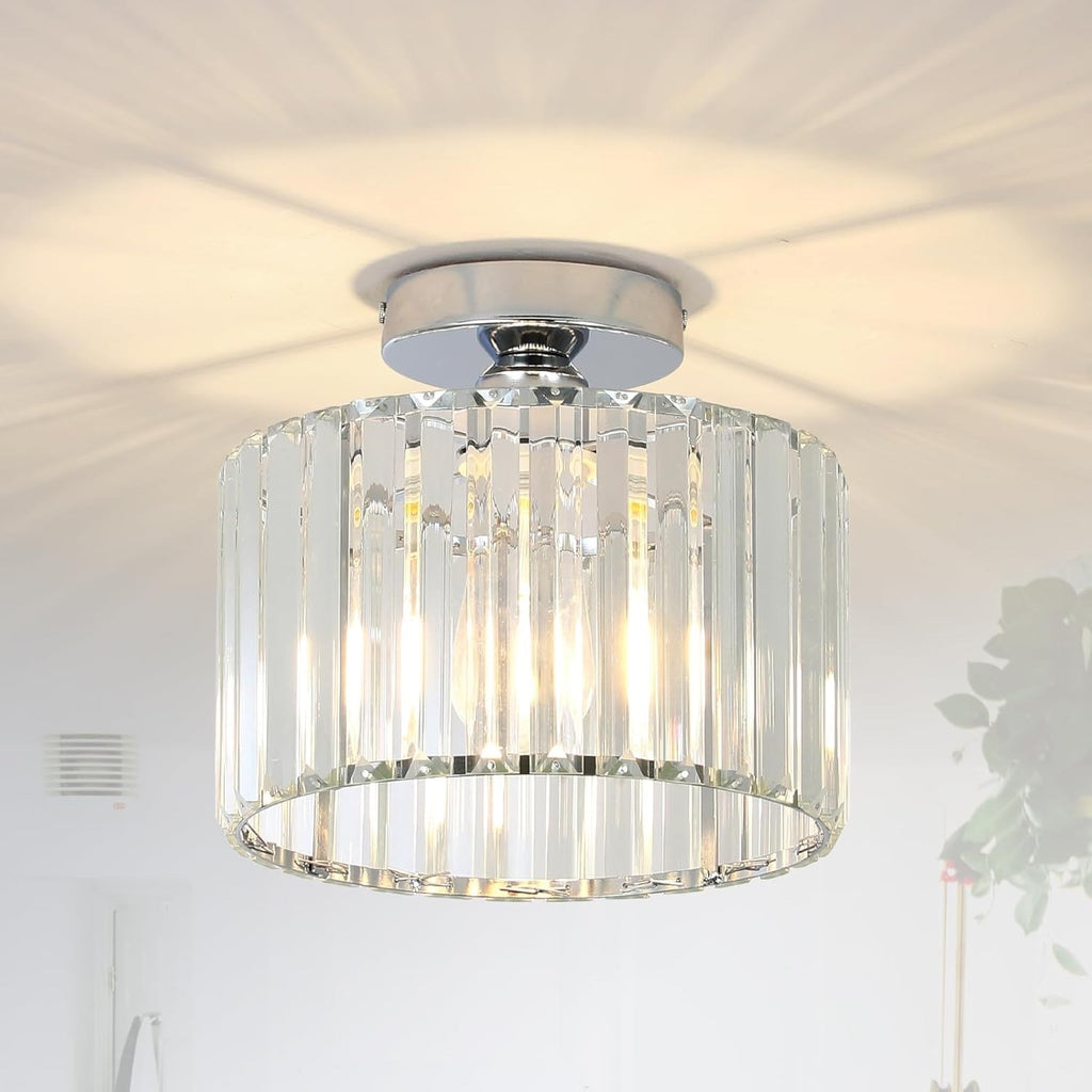 Crystal Ceiling Light Flush Mount Chrome Chandelier Glass Shade