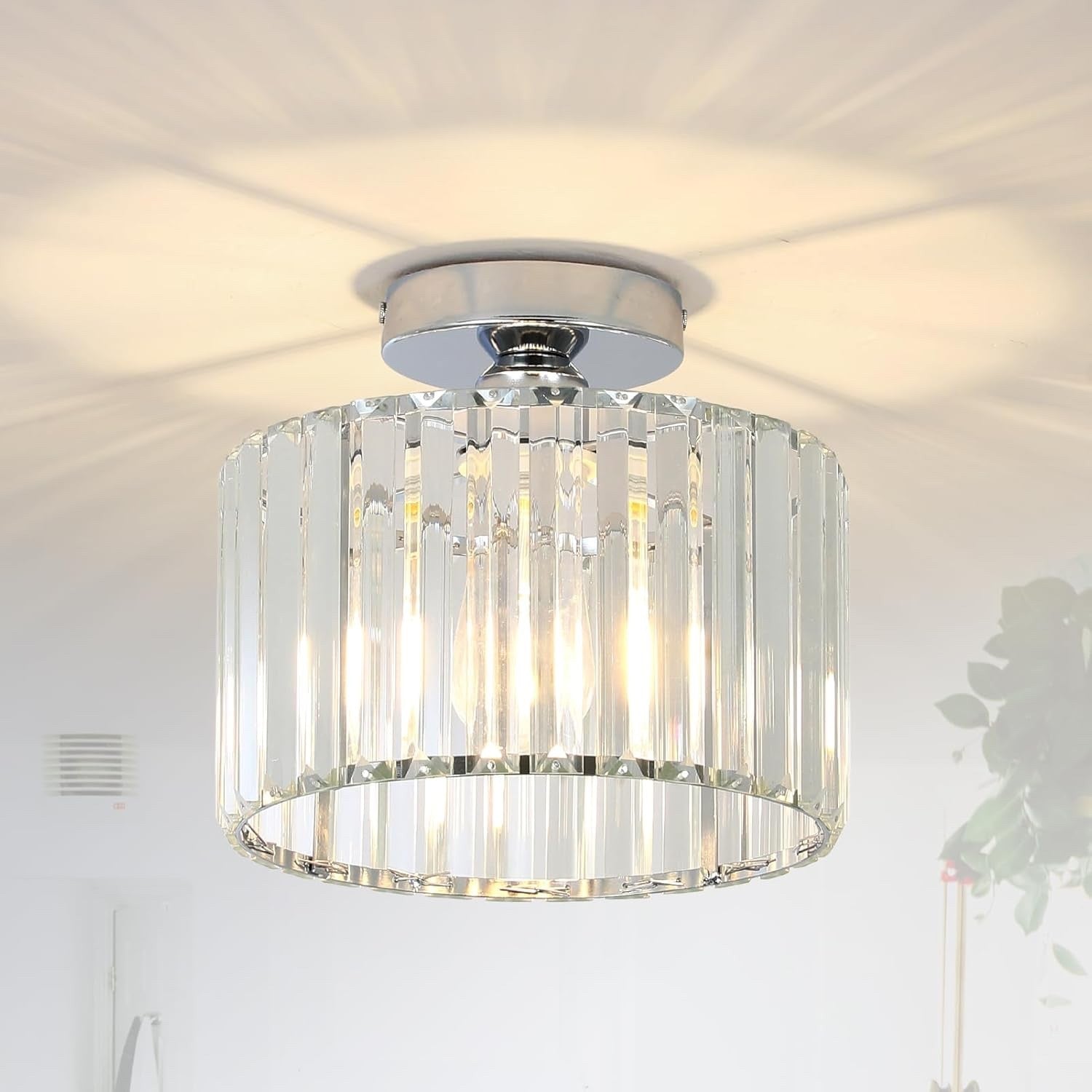 Crystal Ceiling Light Flush Mount Chrome Chandelier Glass Shade