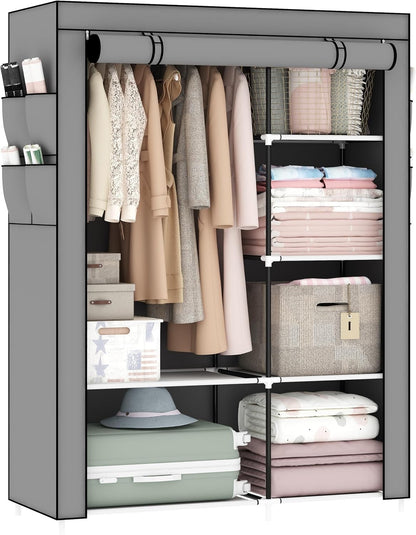Canvas Wardrobe Portable Clothes Closet Grey 105x45x165cm 5 Shelves Hanging Rail